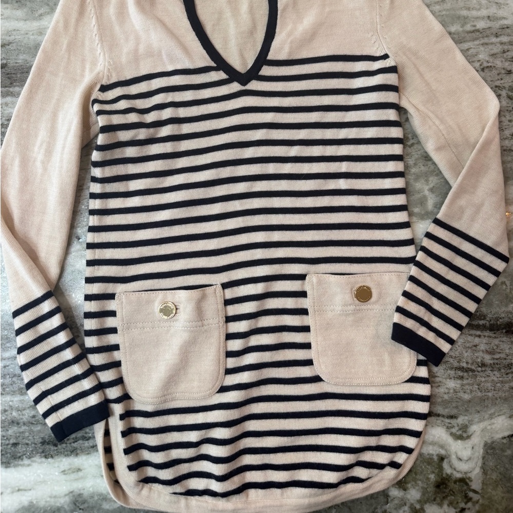 Tory Burch Merino Wool Cream and Navy Striped V-Neck Sweater - Picture 2 of 6
